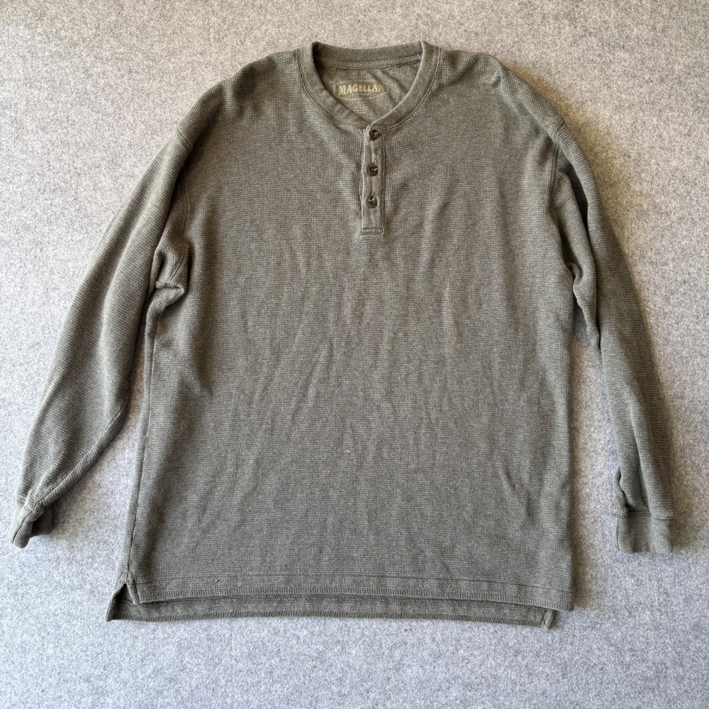 Magellan Waffle Knit Henley Shirt Large Grey 100% Cotton Thermal‎ Long Sleeve